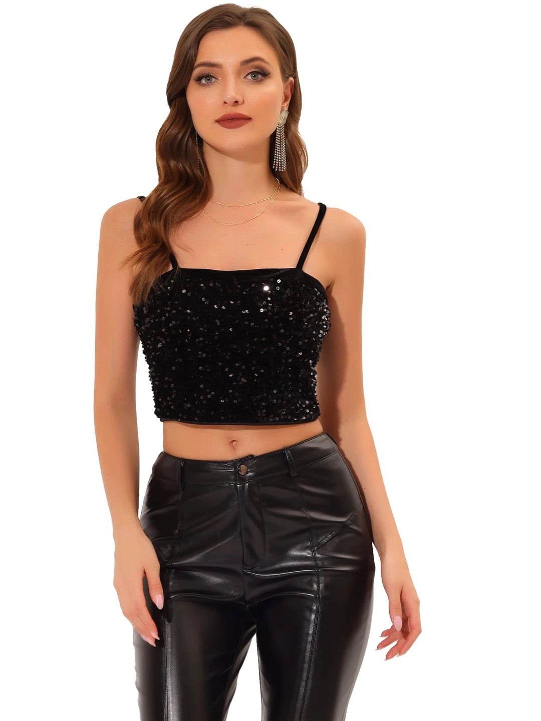 Allegra K Top corto de terciopelo con lentejuelas y tirantes finos – Negro, talla S