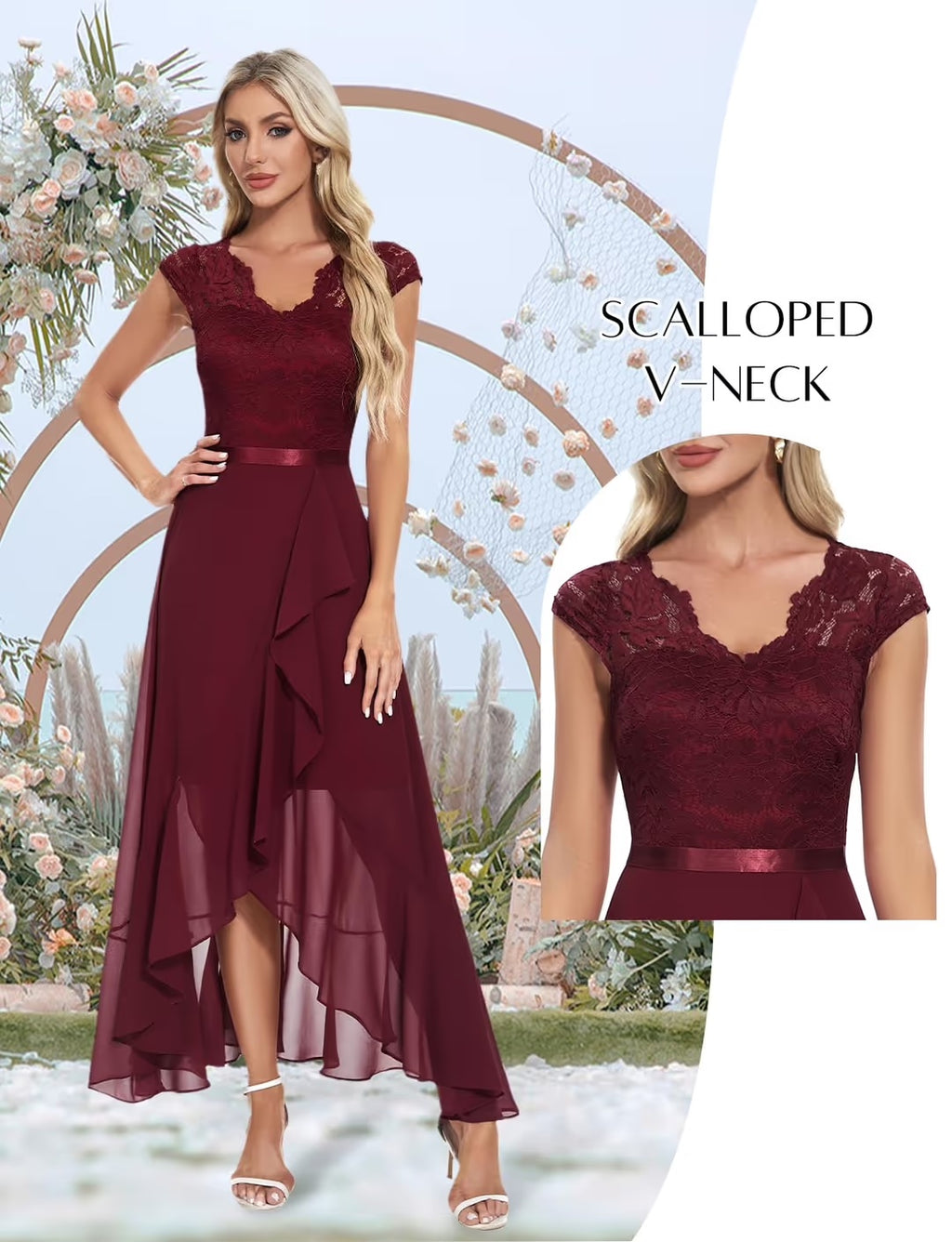 Vestido Largo de Noche para Mujer Bbonlinedress – Elegante con Encaje, Rojo Oscuro y Negro