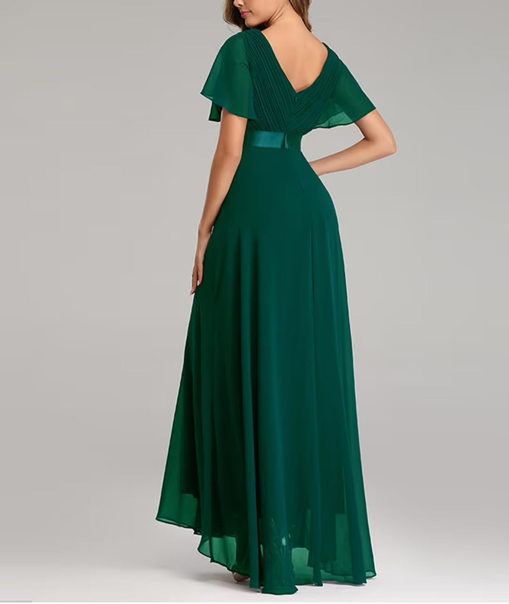 Vestido largo de noche para mujer con escote en V y cinturón