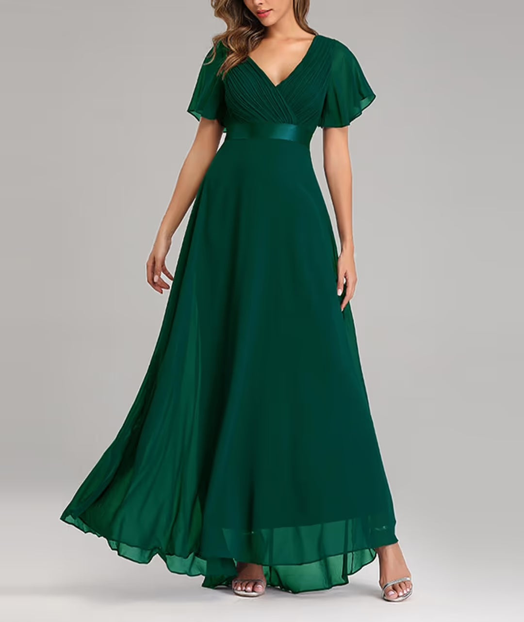 Vestido largo de noche para mujer con escote en V y cinturón