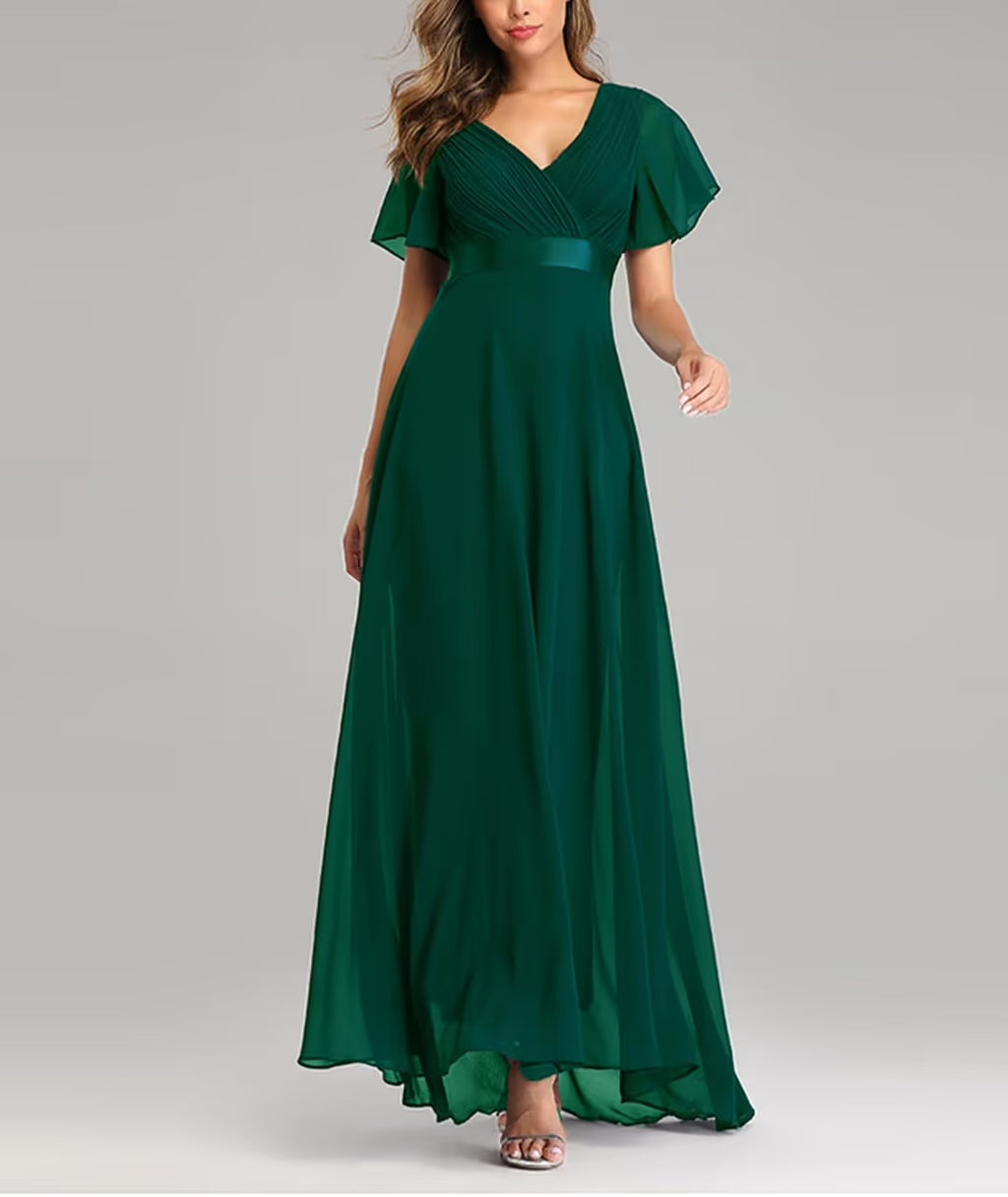 Vestido largo de noche para mujer con escote en V y cinturón