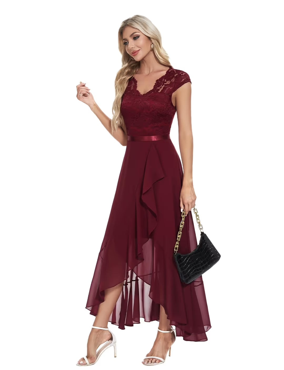Vestido Largo de Noche para Mujer Bbonlinedress – Elegante con Encaje, Rojo Oscuro y Negro