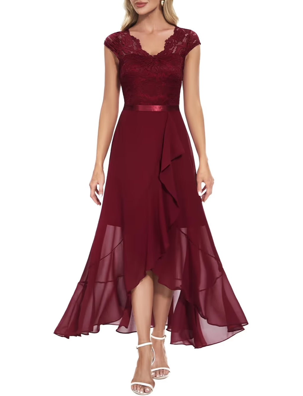 Vestido Largo de Noche para Mujer Bbonlinedress – Elegante con Encaje, Rojo Oscuro y Negro
