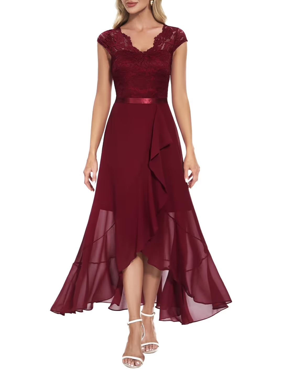 Vestido Largo de Noche para Mujer Bbonlinedress – Elegante con Encaje, Rojo Oscuro y Negro